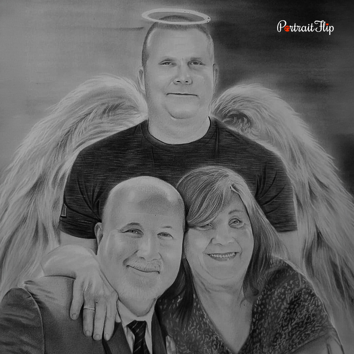 Memorial pencil portrait of man with angel wings above family